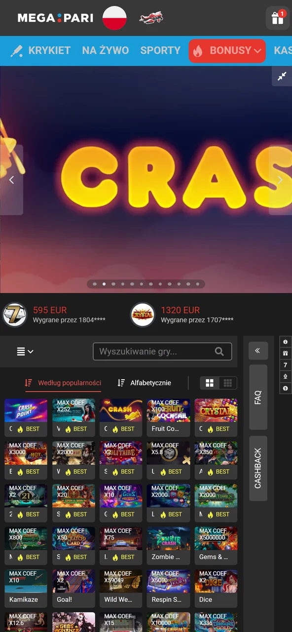 Przeglądanie gier kasynowych w aplikacji Megapari