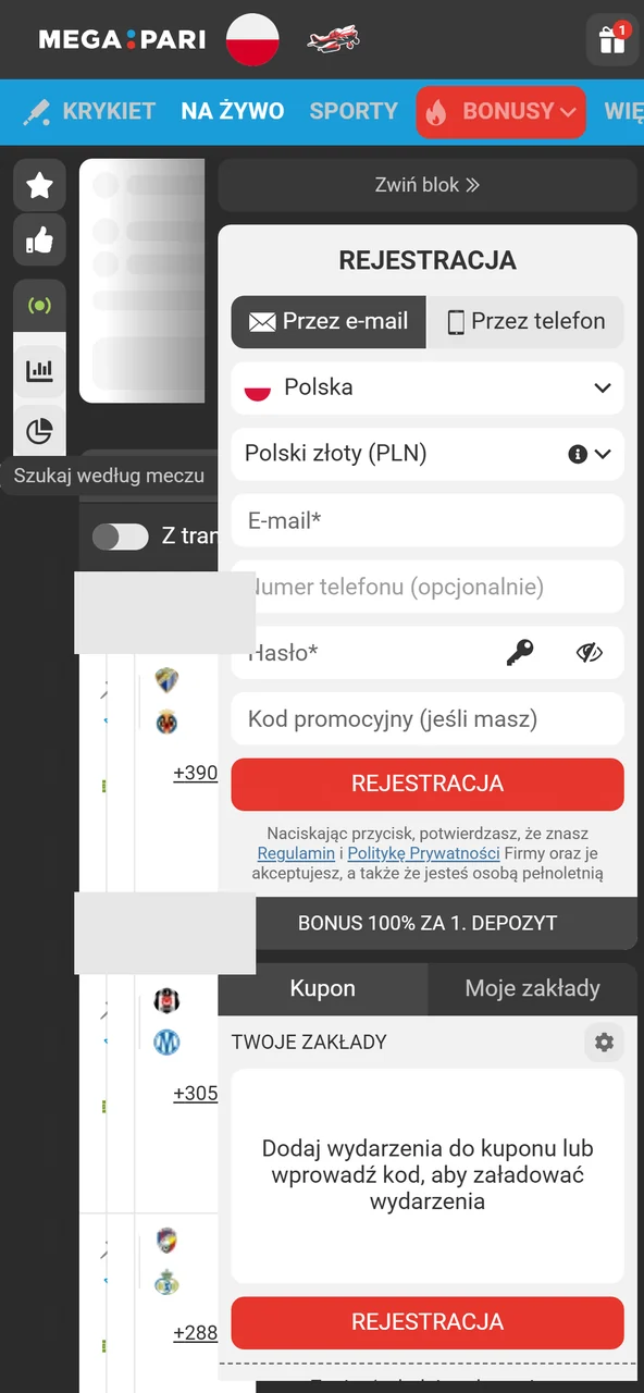 Wyszukiwanie meczów na żywo w Megapari