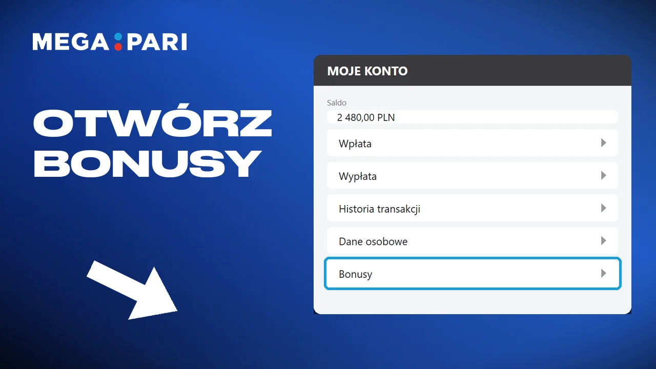 Menu bonusów na koncie Megapari, z bonusem powitalnym i cashbackiem